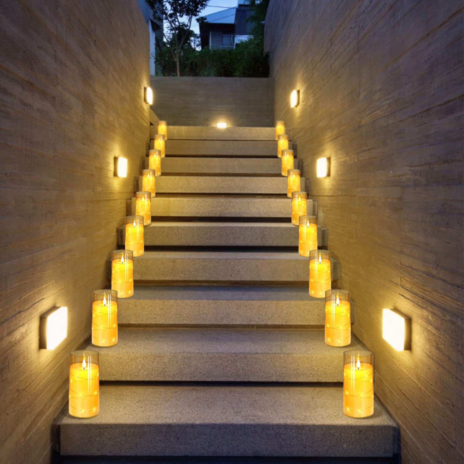 NURADA Flickering Flameless Candles 3 Pack : Built-in Star String Lights Unbreakable Acrylic Battery Operated LED Pillar Candles - Battery Candles with Remote and Timer Gold 4''x5''x6