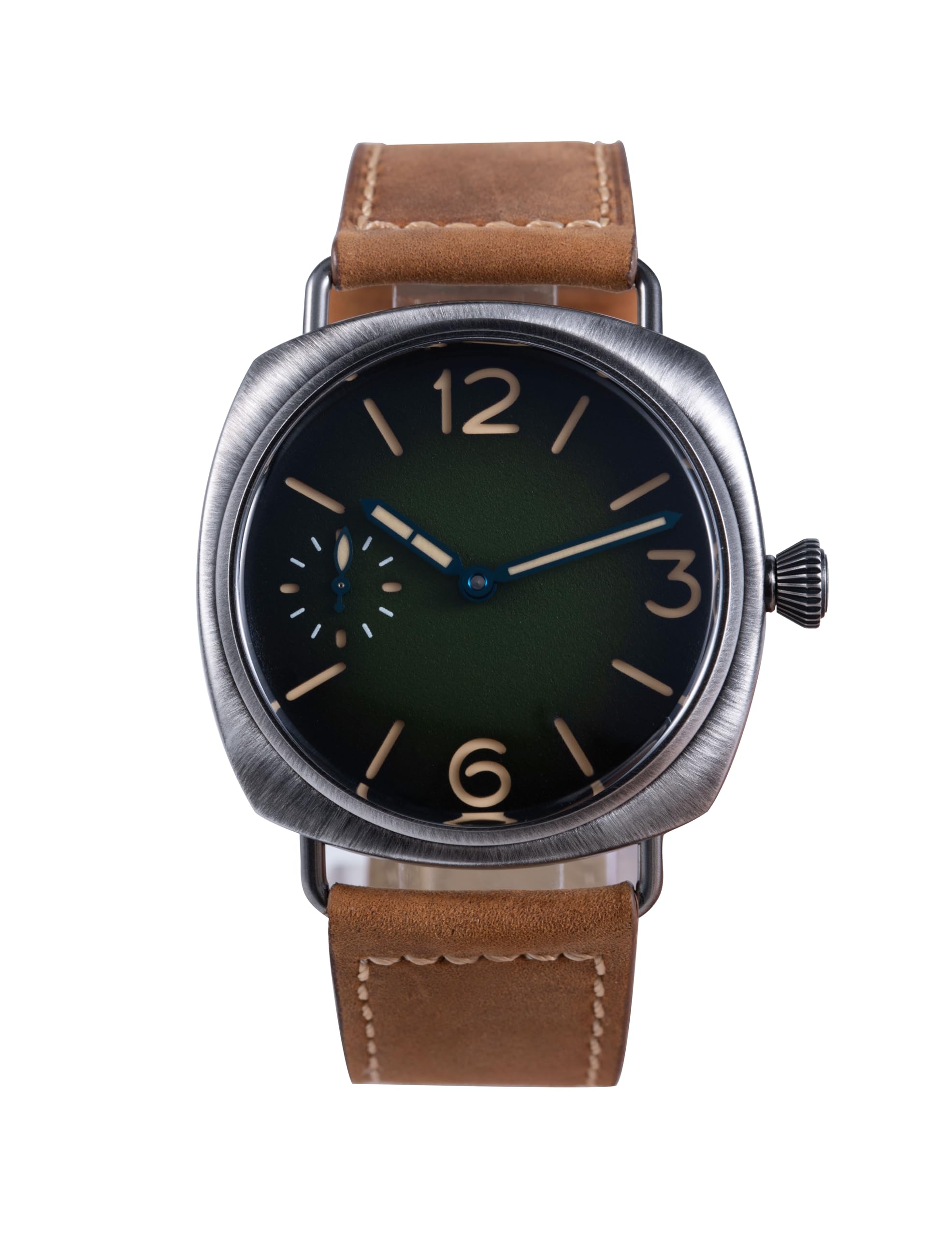 Orologio automatico da uomo con meccanismo a carica manuale, design vintage, vetro zaffiro luminoso, acciaio 316L, cinturino in pelle, opzioni su misura (verde)