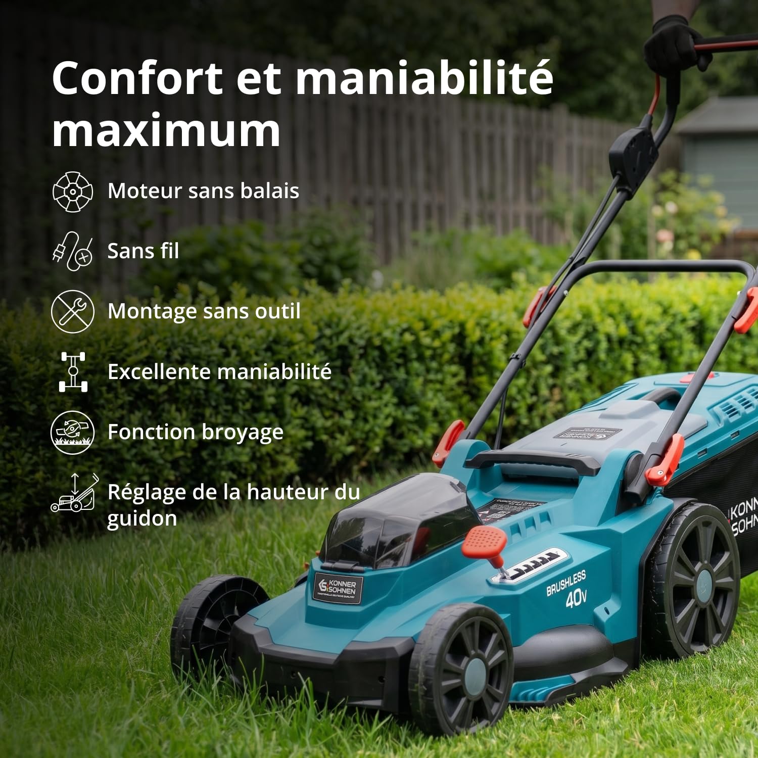 Tondeuse à Batterie KS 43LM-40V, Tension 40 V, Vitesse à Vide 3300 TR/Min, Largeur de Coupe 430 mm, Hauteur de Coupe 25-75 mm, 6 Positions, Panier à Herbe 50 l, Fonction de Mulching