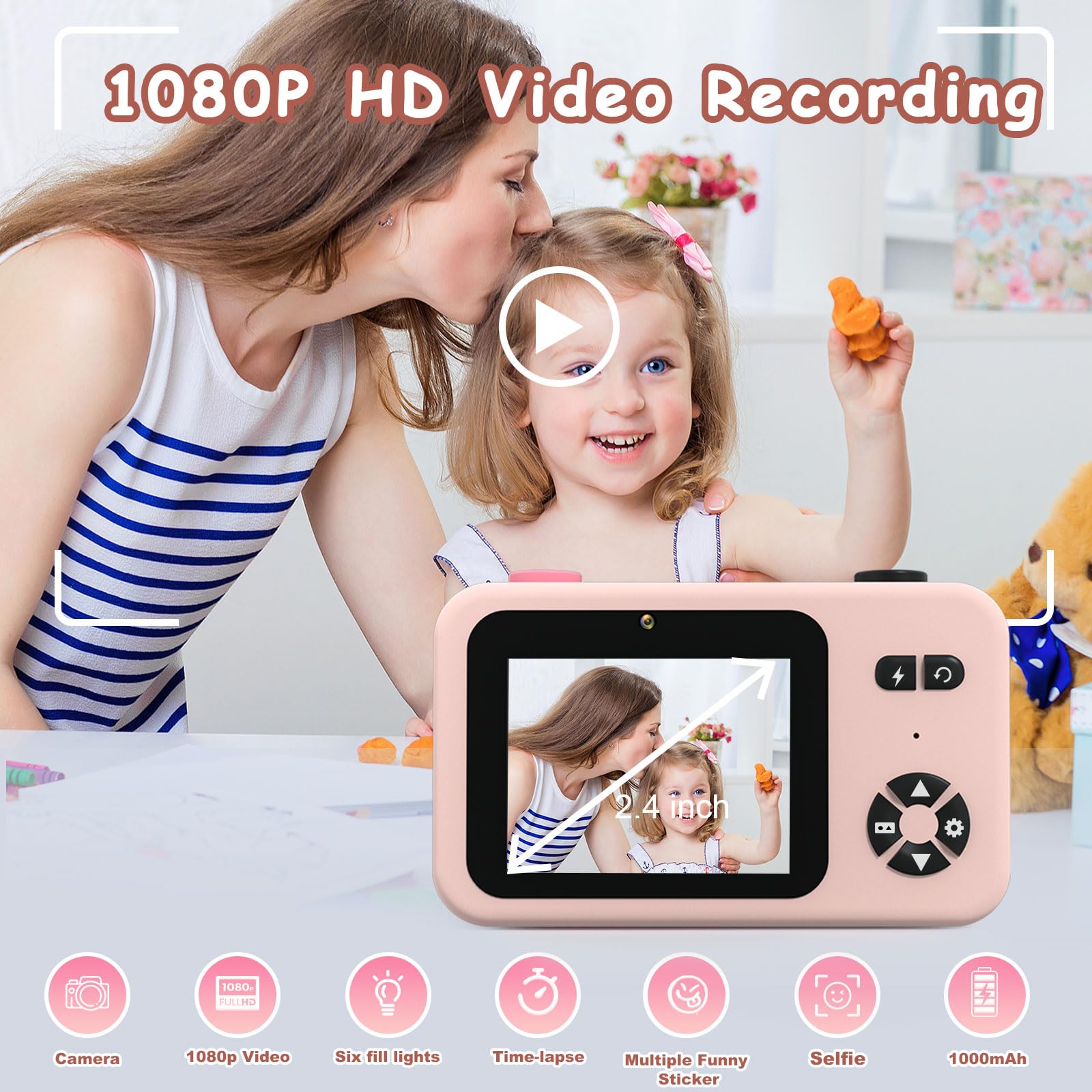 Kids Digital Camera for Toddler Girls,Toy Camera for Kids 3-8 Year Old,Children Selfie Video Camera with 1080p Dual Lens,Christmas Birthday Gifts for Boys Girls Age 3-8 with 32g Tf Card-Pink