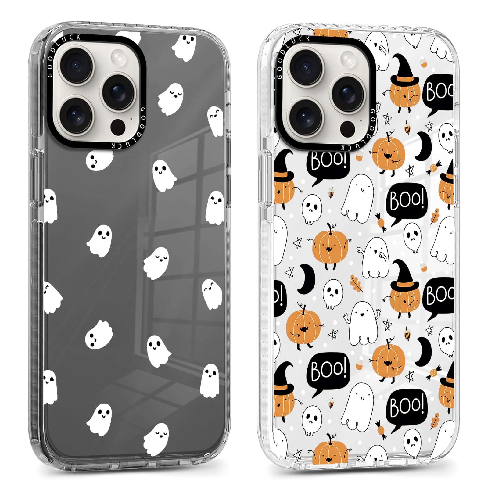 Yomjew 2 Pack Halloween Phone Case for iPhone 16 Pro Max 6.9", Clear Case with Cute Cool Pumpkin Ghost Skeleton Pattern Design, Shockproof Soft