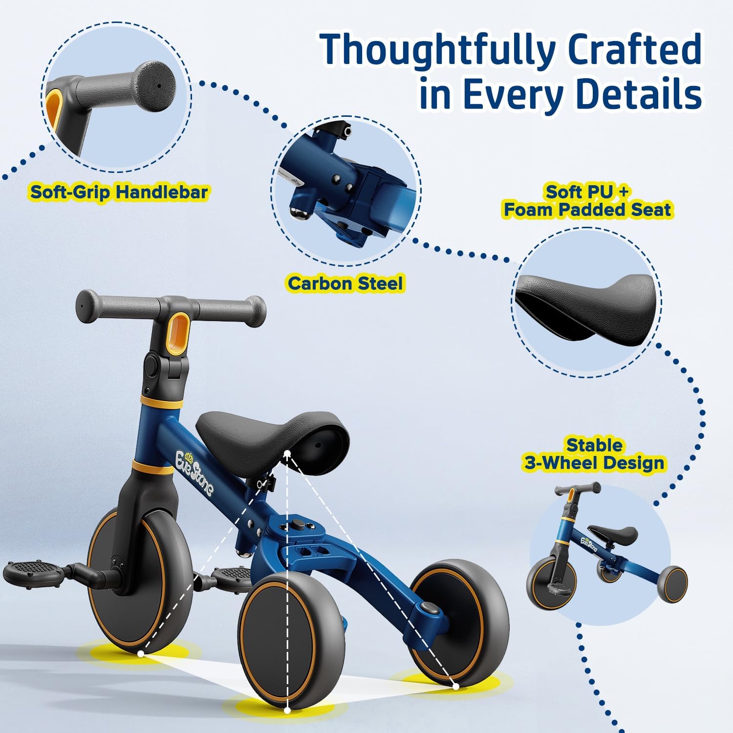 5-in-1 Kids Balance Bike, Toddler Tricycle for 1-3, Ride-On Toy for 18 Months to 4 Years, Outdoor and Indoor Gift Bike for Yard, Sidewalk, Park, Birthday Present for Boys & Girls, Blue