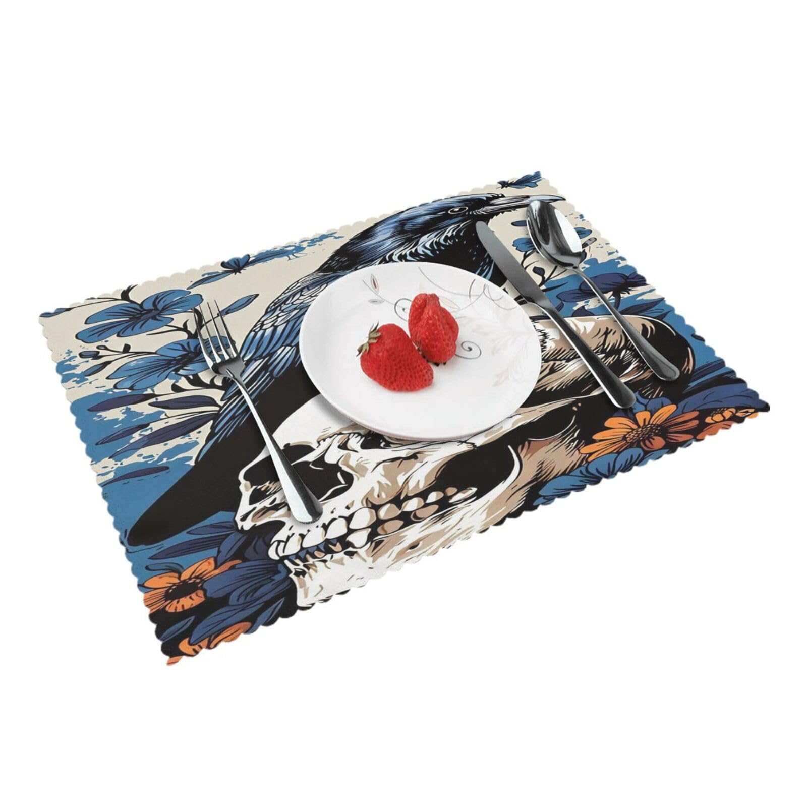 Crow Skull Flowers Placemats Set of 4 Print Table Mats Place Mats Table Decor for Kitchen Dining 12X18 in
