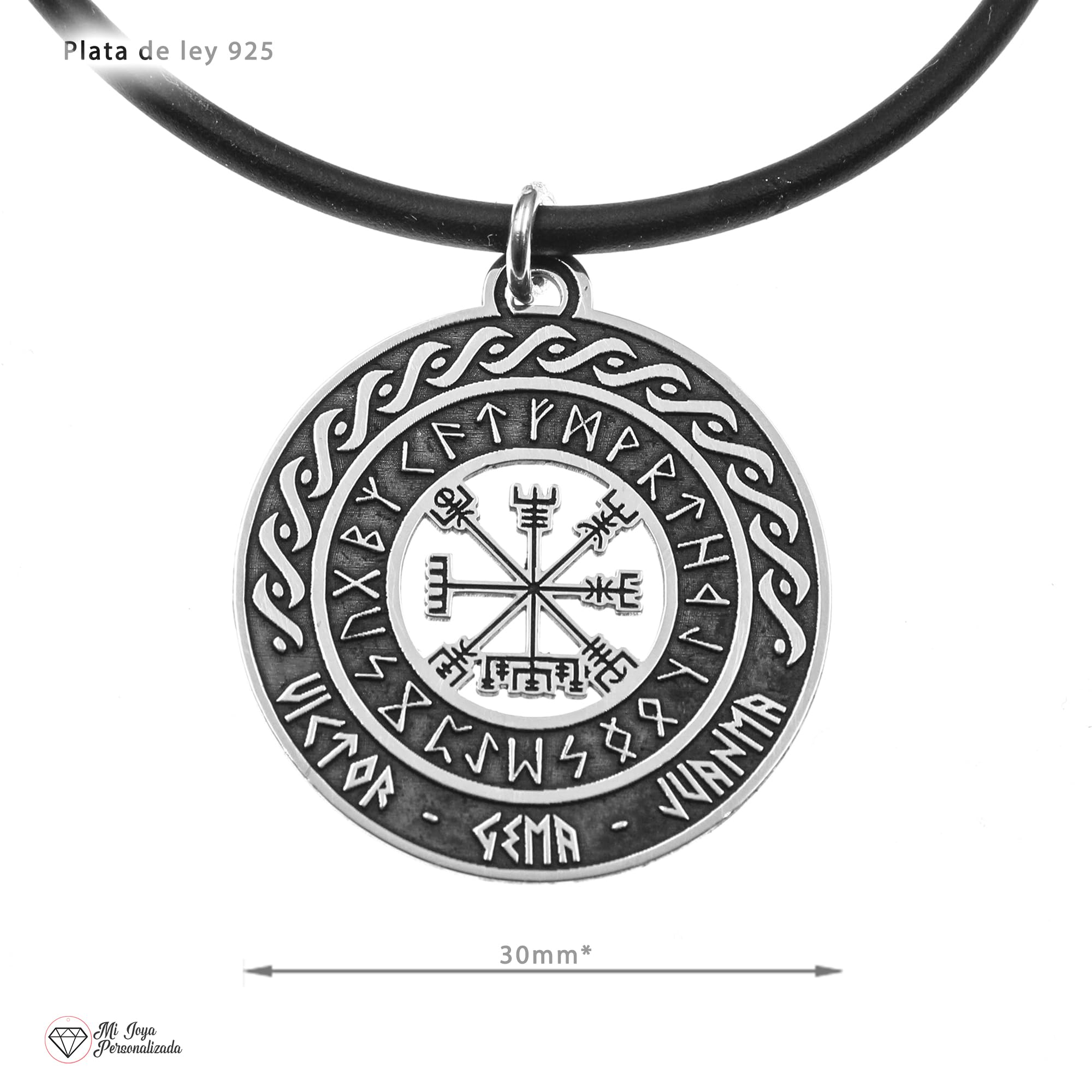 Colgante Vikingo Personalizado para Hombre en Plata de Ley 925 – Amuleto Vegvísir con Runas y Nombres Grabados – Regalo Único para Papá, Marido o Novio – Mi Joya Personalizada