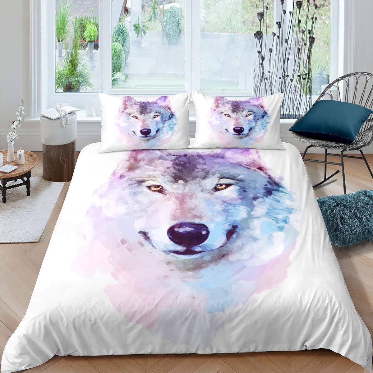 Loussiesd Girls Multi 20 Wolf Print Bedding Set Chic Watercolor Animal Pattern Duvet Cover For Kids Women Cool Wildlife Style Comforter Cover Wild Wolf Bedspread Cover Bedroom Decor Quilt Cover 3Pcs King Size