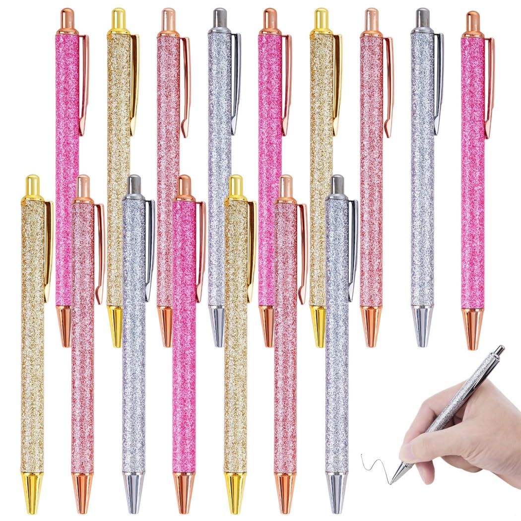 Lot de 16 stylos rétractables scintillants avec design en métal or rose, pointe moyenne 1 mm, encre noire pour bureau, journaux et cadeaux, en 4 superbes couleurs