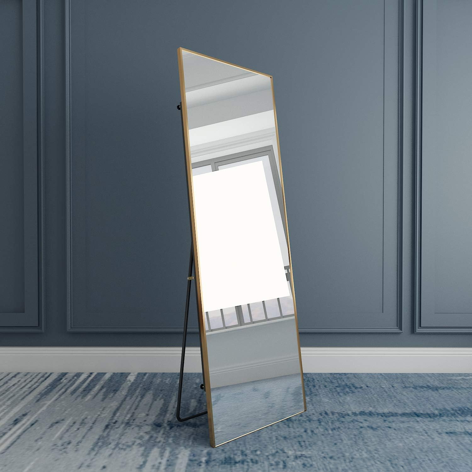 Full Length Mirror 65"×22" Aluminum Alloy Thickened Frame Large Floor Mirror with Standing, Hanging Wall Long Mirror Full Body for Home Bedroom Gold