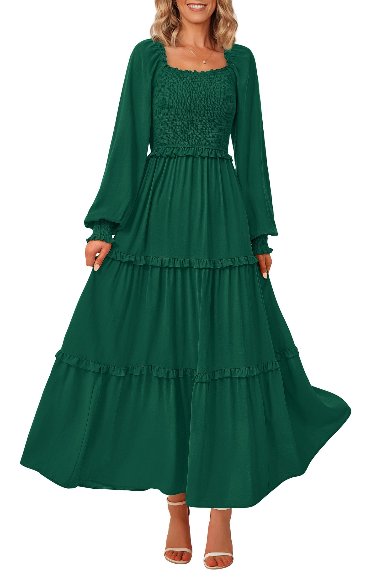PRETTYGARDEN Fall Wedding Guest Dresses for Women 2025 Long Sleeve Square Neck Tiered A Line Modest Elegant Flowy