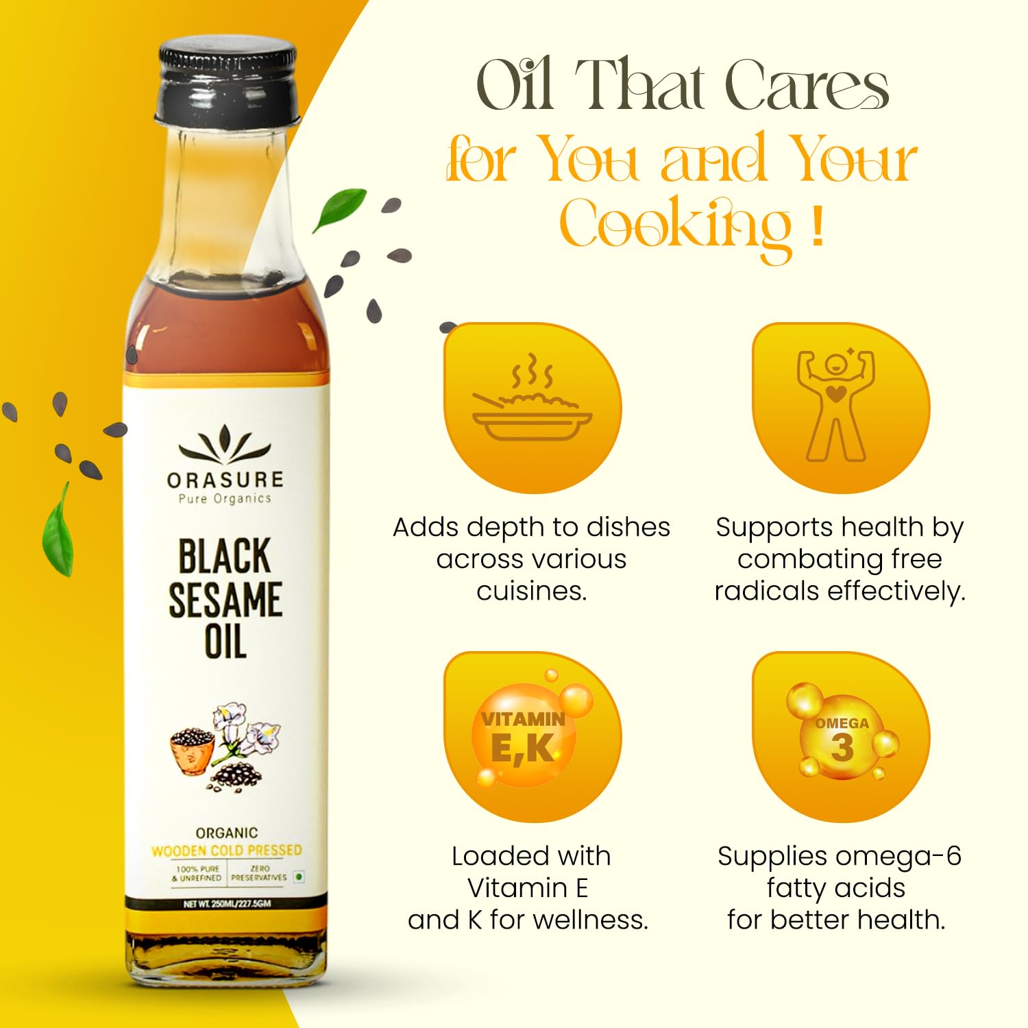 Orasure Organic Black Sesame Oil | Wooden Cold Pressed Oil for Cooking | Gingelly Oil | Til Ka Tel | Pure and Unrefined | Zero Preservative | Kolhu/Kacchi Ghani/Chekku | With Multipurpose Usage | 250ml - Image 3 thumbnail