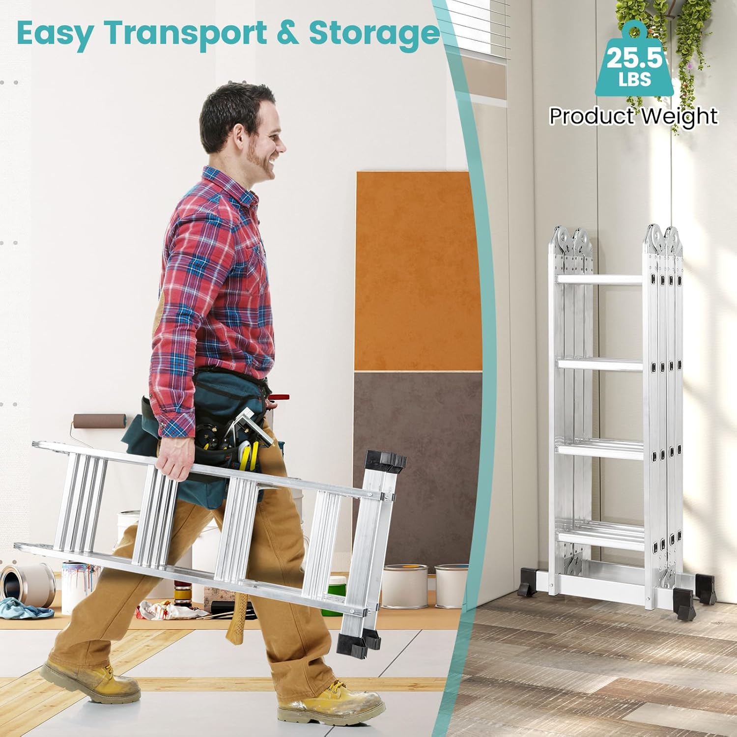 7-in-1 Folding Ladder, Multi-Purpose 15 FT Aluminum Alloy Ladder with Non-Slip Feet, Safety Locking & Heavy Duty Frame, Indoor & Outdoor Lightweight Extension Ladder, 330 LBS Capacity
