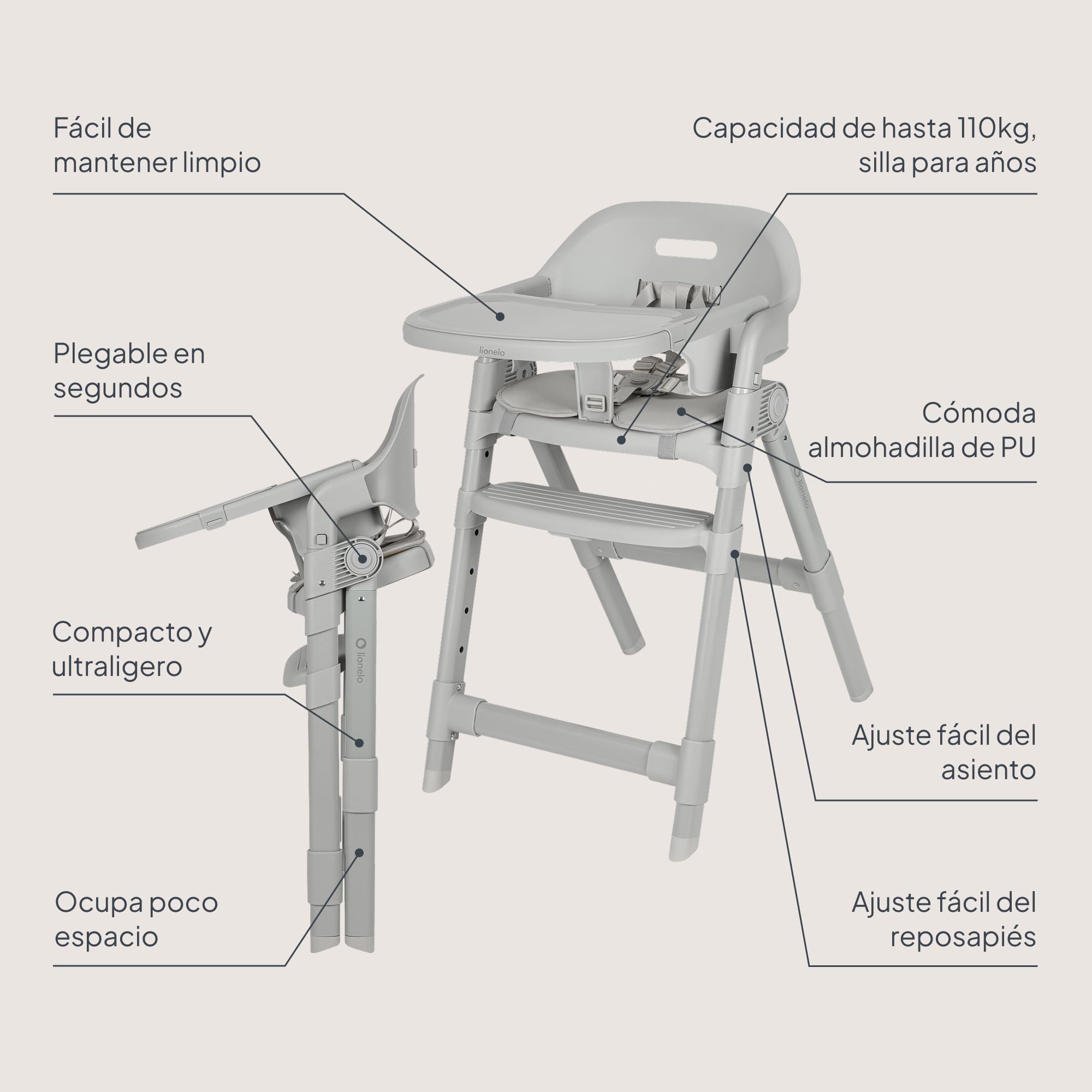 Lionelo Matt Trona Evolutiva Bebé 3 en 1, Plegable, Gris | Desde 6 Meses hasta 110 kg, Reposapiés y Asiento Ajustables, Bandeja Lavavajillas, Arnés 5 Puntos, Cojín, Fácil Limpieza