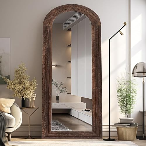 ZHUNFA Arched Full Length Mirror with Solid Wood Frame, 65x22 Farmhouse Wall Mounted Floor Mirror with Stand, Vertical Hanging, Leaning Standing for Bedroom, Living Room, Brown - Rustic Brown - 65"L x 22"W