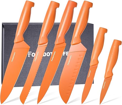 Juego de cuchillos de cocina naranja de 6 piezas, juego de cuchillos de cocina afilados de acero inoxidable, juego de cuchillos de cocina aptos para