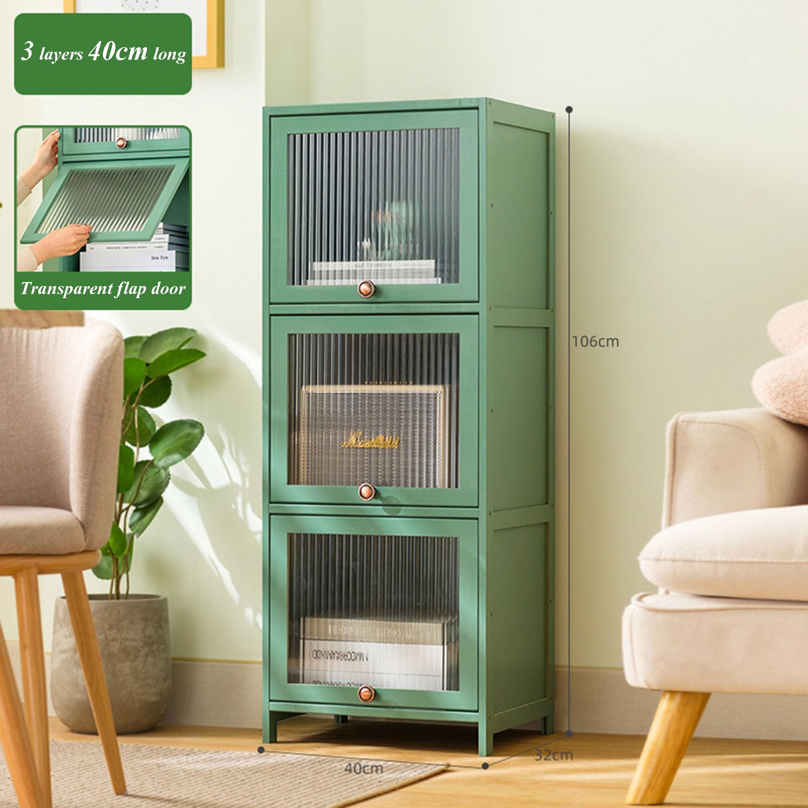 Armadietto portaoggetti in bambù verde con ripiani trasparenti e rotelle, alto autoportante, torre in lino per casa, ufficio, cucina, soggiorno, camera da letto, garage nization