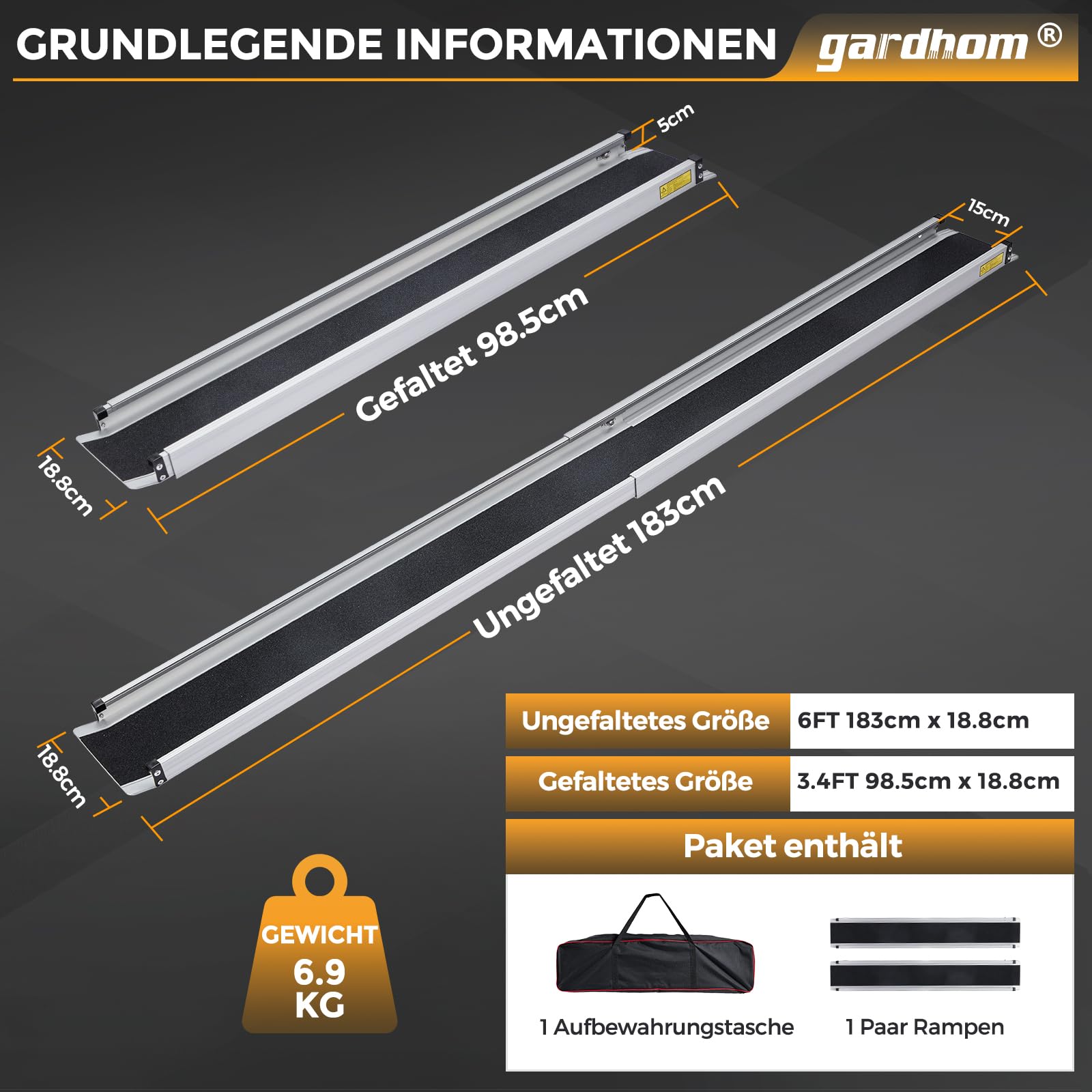 2PCS Teleskop Rollstuhlrampe 98.5-183cm, gardhom Verstellbare Tragbare Aluminium rutschfeste Teleskoprampe mit 272KG Ladenkapazität für Treppe Hindernissen Haus Schritte in der Textiltasche
