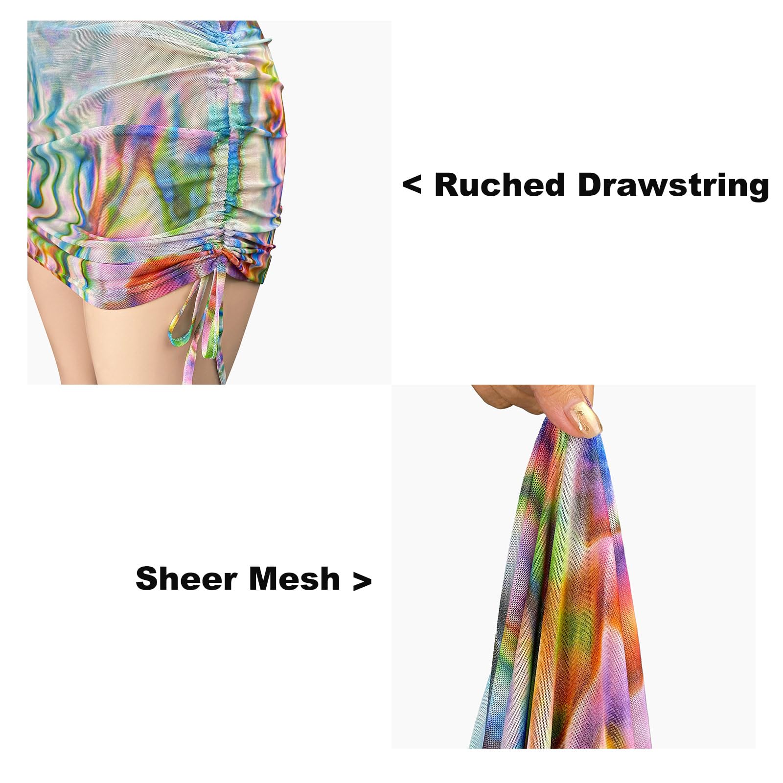 Women’s Sheer Mesh Sexy Bodycon Long Sleeve Ruched Maxi Dress See Through Printed Slim Fit Party Club Dresses: Multicolored-2 Medium