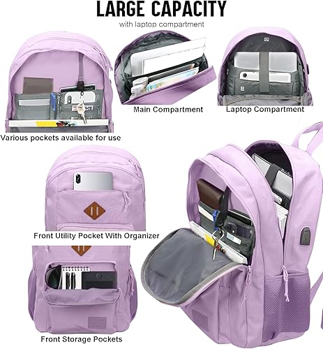 Miniatura 5 de Mochila de viaje clásica de mano para hombres y mujeres, mochila antirrobo para computadora portátil con puerto de carga USB, Púrpura, Mochilas de