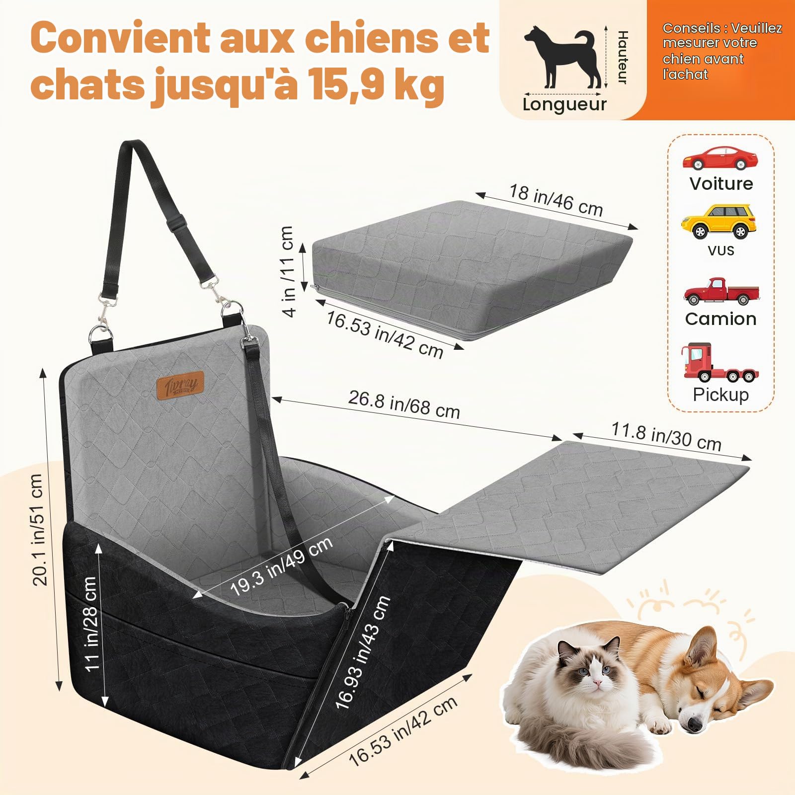 Siège Auto Élevé pour Chien jusqu'à 16kg, Noir & Gris | Lit Auto pour Chien en Mousse Haute Densité 10 cm, 2 Poches de Rangement, 3 Ceintures, Entièrement Amovible et Lavable