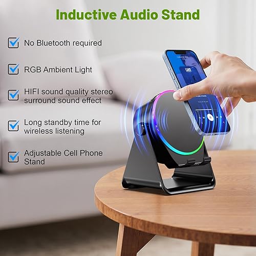 Miniatura 3 de Altavoz de inducción inalámbrico, soporte para teléfono con amplificador de altavoz Bluetooth, sonido estéreo, luz ambiental RGB, soporte de