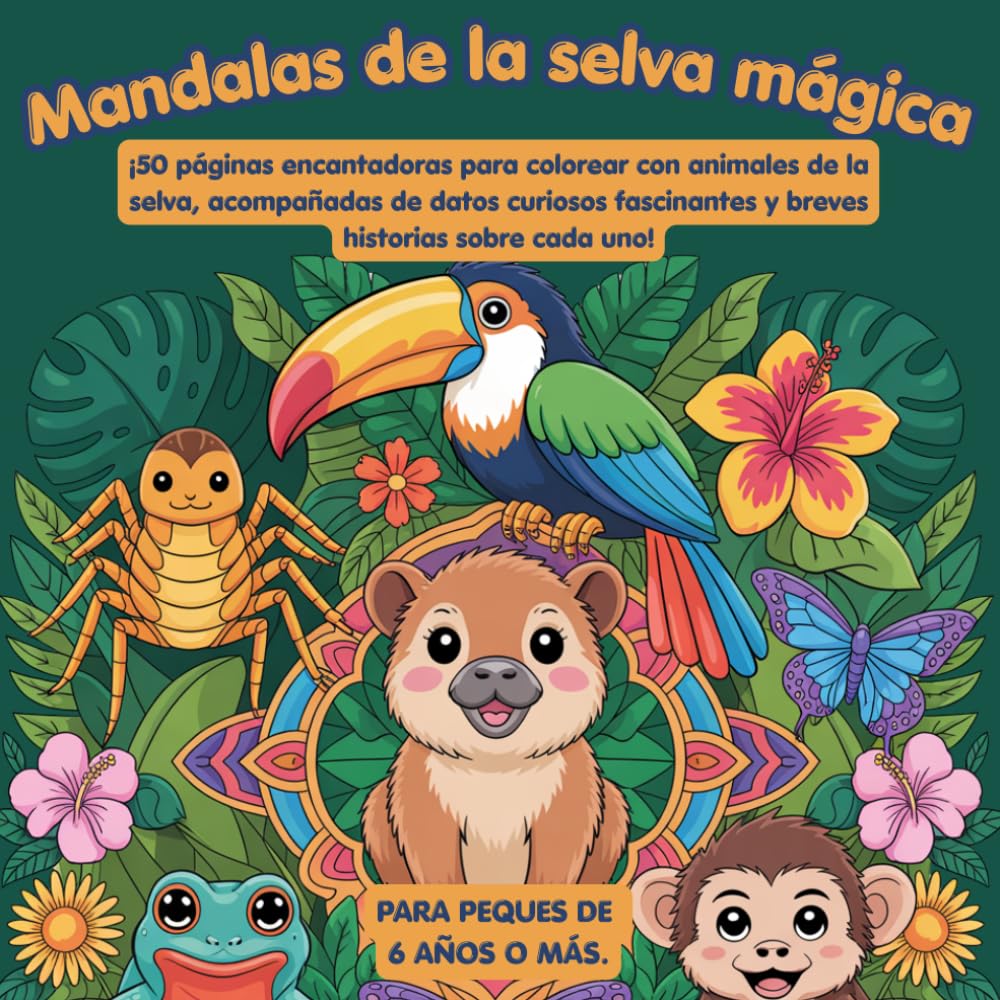 Mandalas de la Selva Mágica: 50 Páginas Encantadoras para Colorear con Animales de la Selva y Datos Curiosos