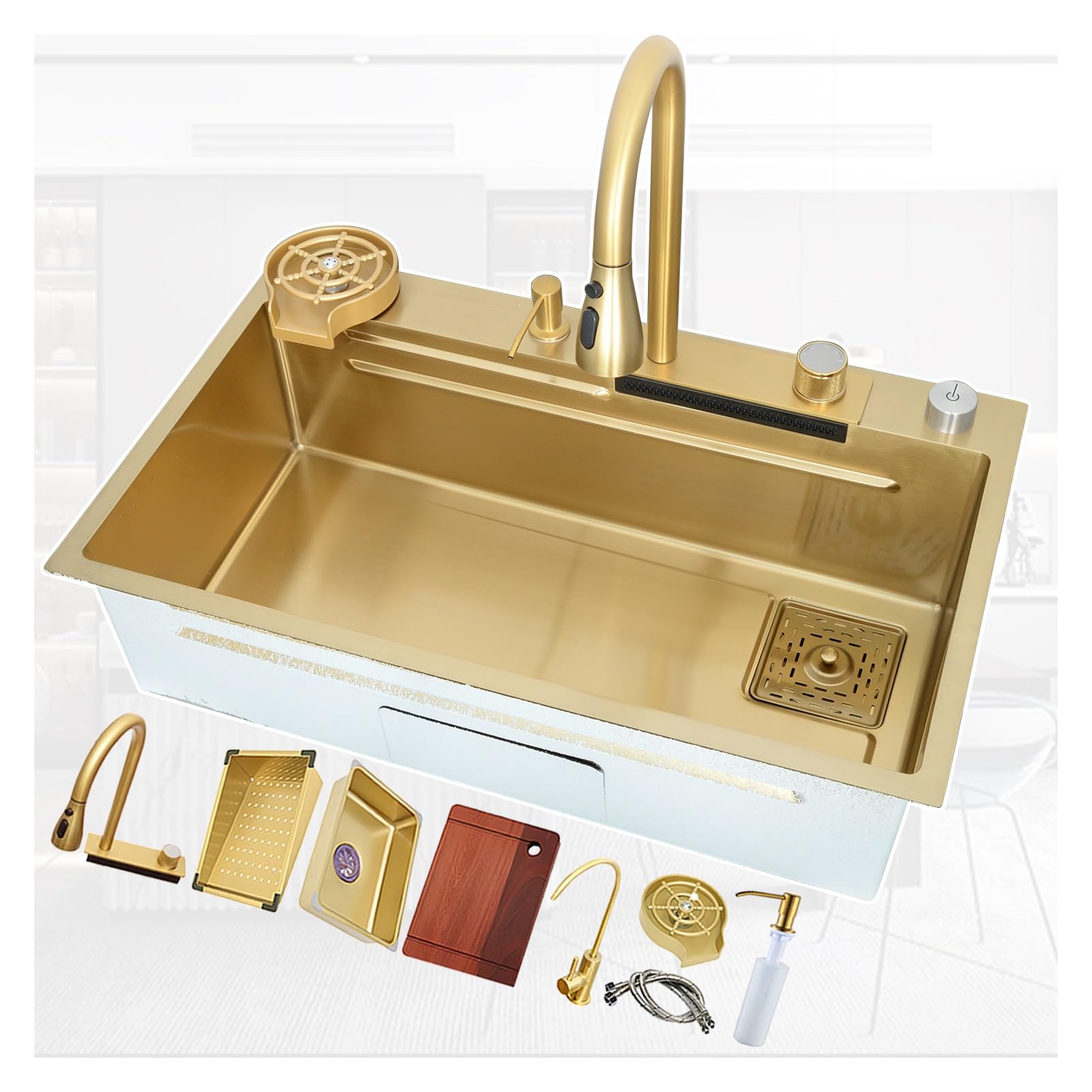 Fregadero De Cocina Dorado, Fregadero De Acero Inoxidable Grueso Con Revestimiento Nano, Fregadero De Un Solo Tazón De Gran Capacidad, Fregadero De Estación De Trabajo De Montaje Superior, Con Grifo D