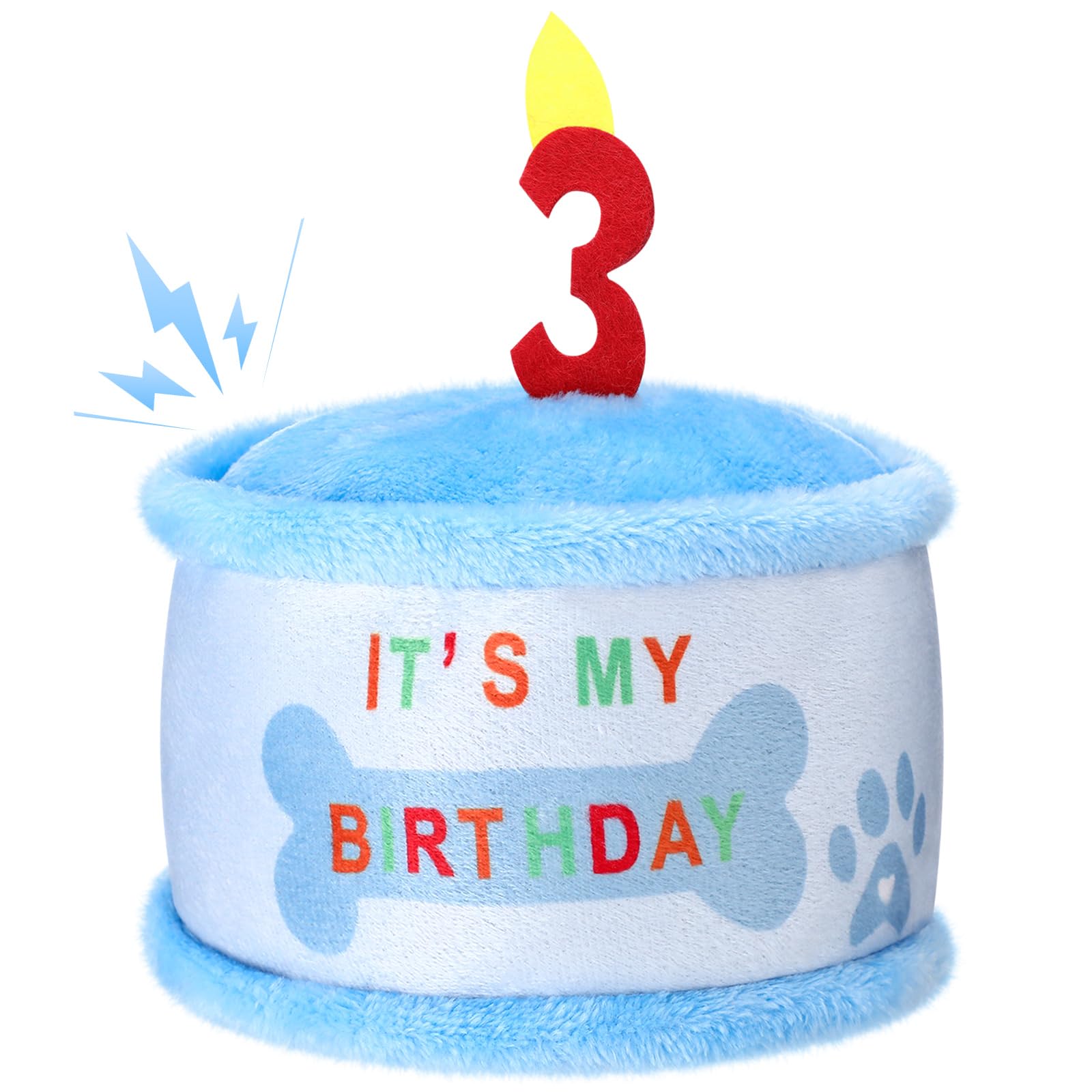 Soulchen Dog 3rd Birthday Cake Toy, Blue Squeaky Plush Toy Gifts for Dog, Stuffed Puppy Present for Birthday Celebrations Party Supplies for Small Medium Large Pets