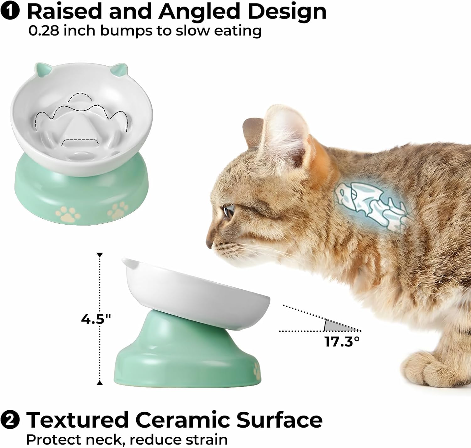 Y YHY Slow Feeder Cat Bowl, Ceramic Elevated Cat Bowl Tilted Design Slow Feeder for Dog and Cat for Dry and Wet Food, Green