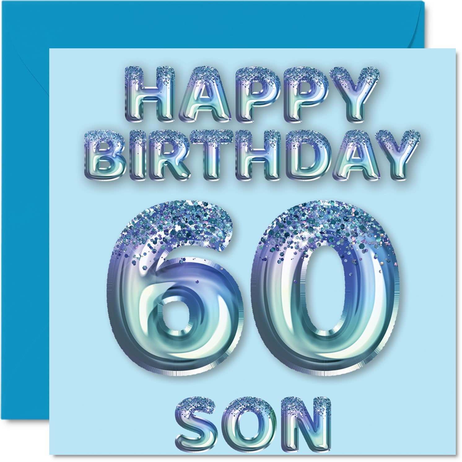 60th Birthday Card for Son, Blue Glitter Party Balloons