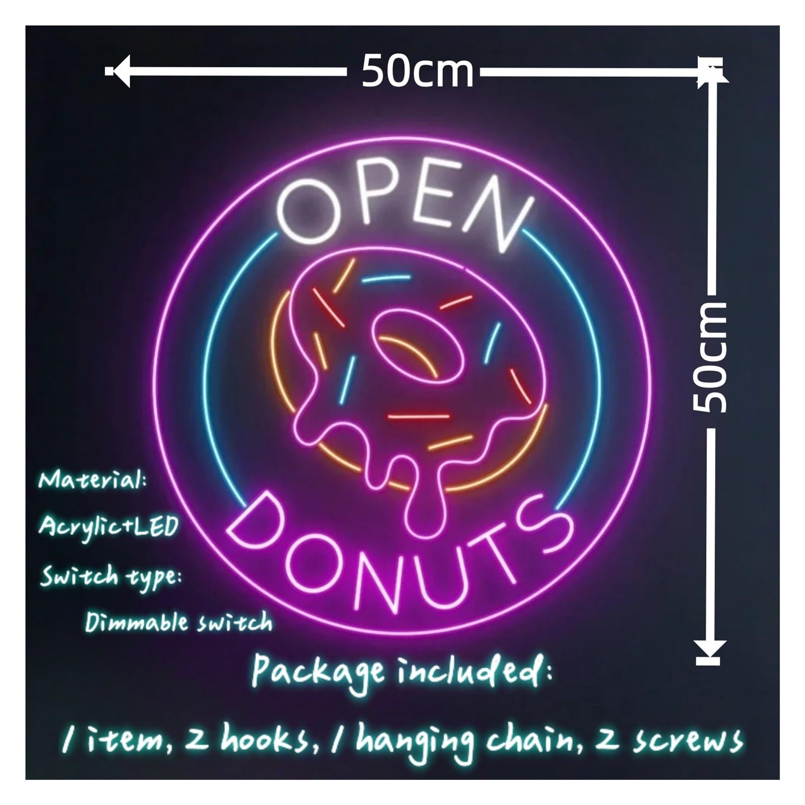 Decoración Lámparas Letrero De Neón Donuts Abiertos, Luces Brillo Ajustables Adecuadas Para Decoración Pared Tienda Piruletas, 50cmx50cm