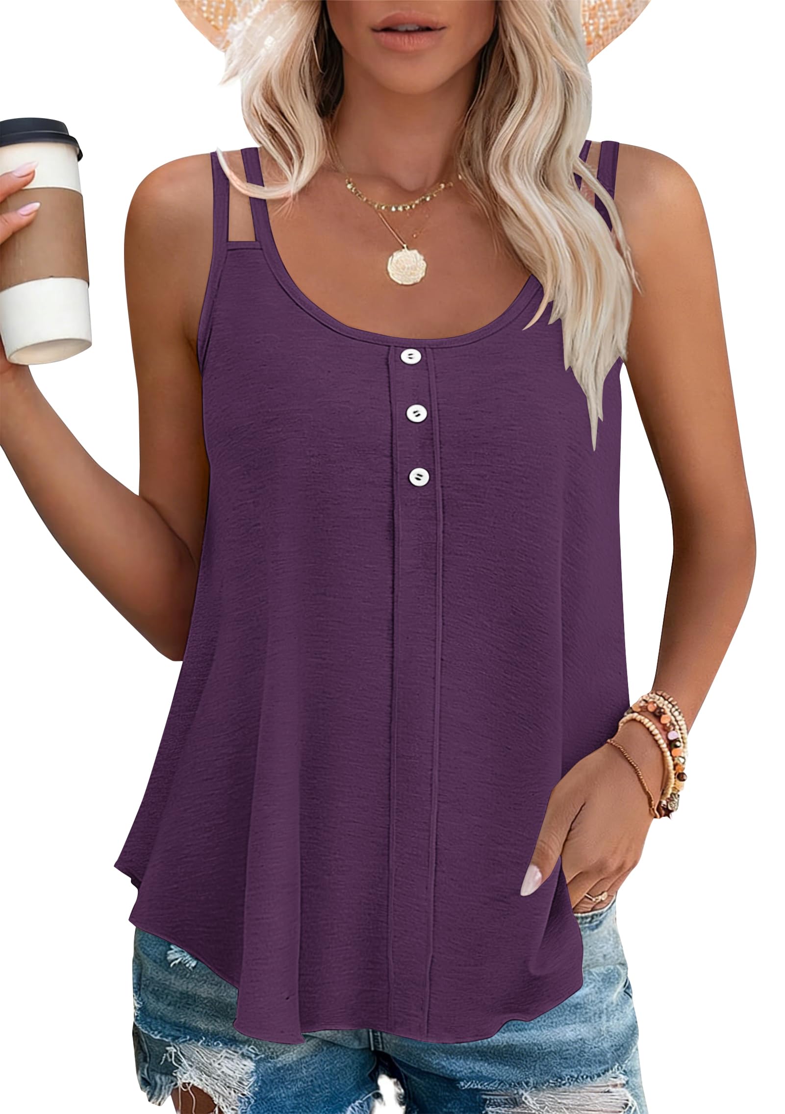 Ploknrd Women's Purple Vest Tops - Spaghetti Strap Camisole Sleeveless Button Tank Tops(,Xxl)
