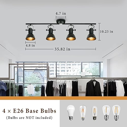 Miniatura 5 de Auffel Kit de iluminación de pista, luz de techo negra, accesorios de iluminación de cocina con 4 luces de ángulo ajustable industrial para sala de
