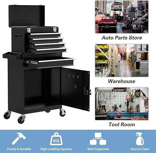 Miniatura 6 de Cofre de herramientas rodante de alta capacidad de 5 cajones, caja de herramientas extraíble sobre ruedas, caja de herramientas con cerradura,