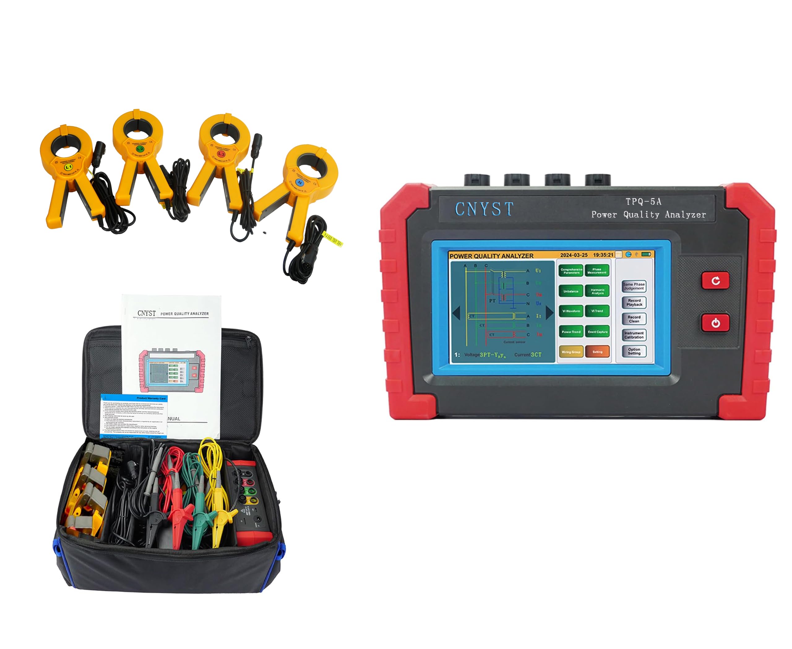 CNYST Mini Power Quality Meter 3 Phase Power Quality Analyzer with 3 Channels Voltages/4 Channels Currents Phase Diagram Display Record Wave Forms and Parameters Touch Screen Operation Range 1A~1000A