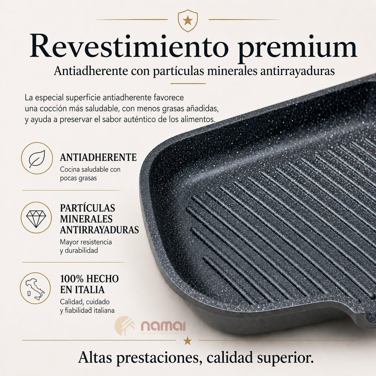 NAMAI - Sarten Plancha Antiadherente Rectangular, 35CM x 25CM, Aluminio Fundido a Presión, Apta Para Lavavajillas, Mango Plegable Para Ahorrar Espacio, Fabricada en Italia