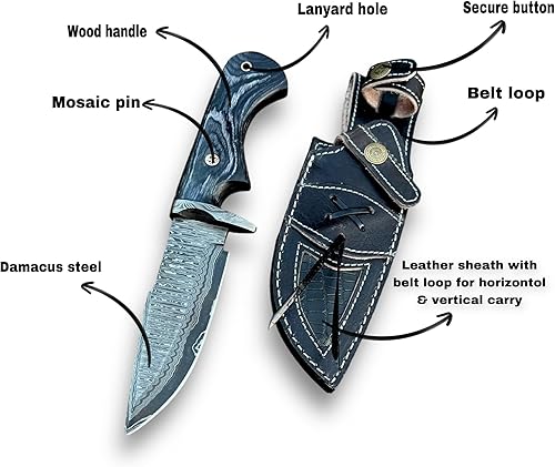 Miniatura 2 de LYN-Cuchillo de caza de acero de Damasco hecho a mano con funda de hoja fija, cuchillo de cinturón de caza de Damasco para camping, ideal para