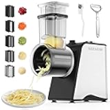 Electric Cheese Grater, 250W Automatic Slicer Shredder Salad Shooter with 5 Blades for Block Cheeses, Salads, Vegetables, Potato, Pizza, 5 in 1 Vegetable Cutter for Kitchen, Cooking