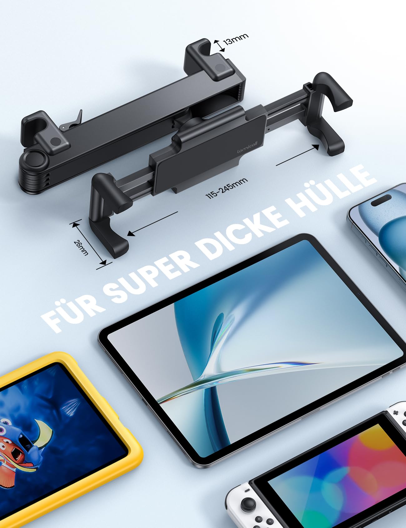 Lamicall Tablet Halterung Auto Kopfstütze - [Doppelt Faltbares Design] Tablethalterungen Auto mit Abschließbarer Alu-Arm, Ausziehbare KFZ Tablet Autohalterung für iPad, 6,1-13 Zoll Geräte & Smartphone