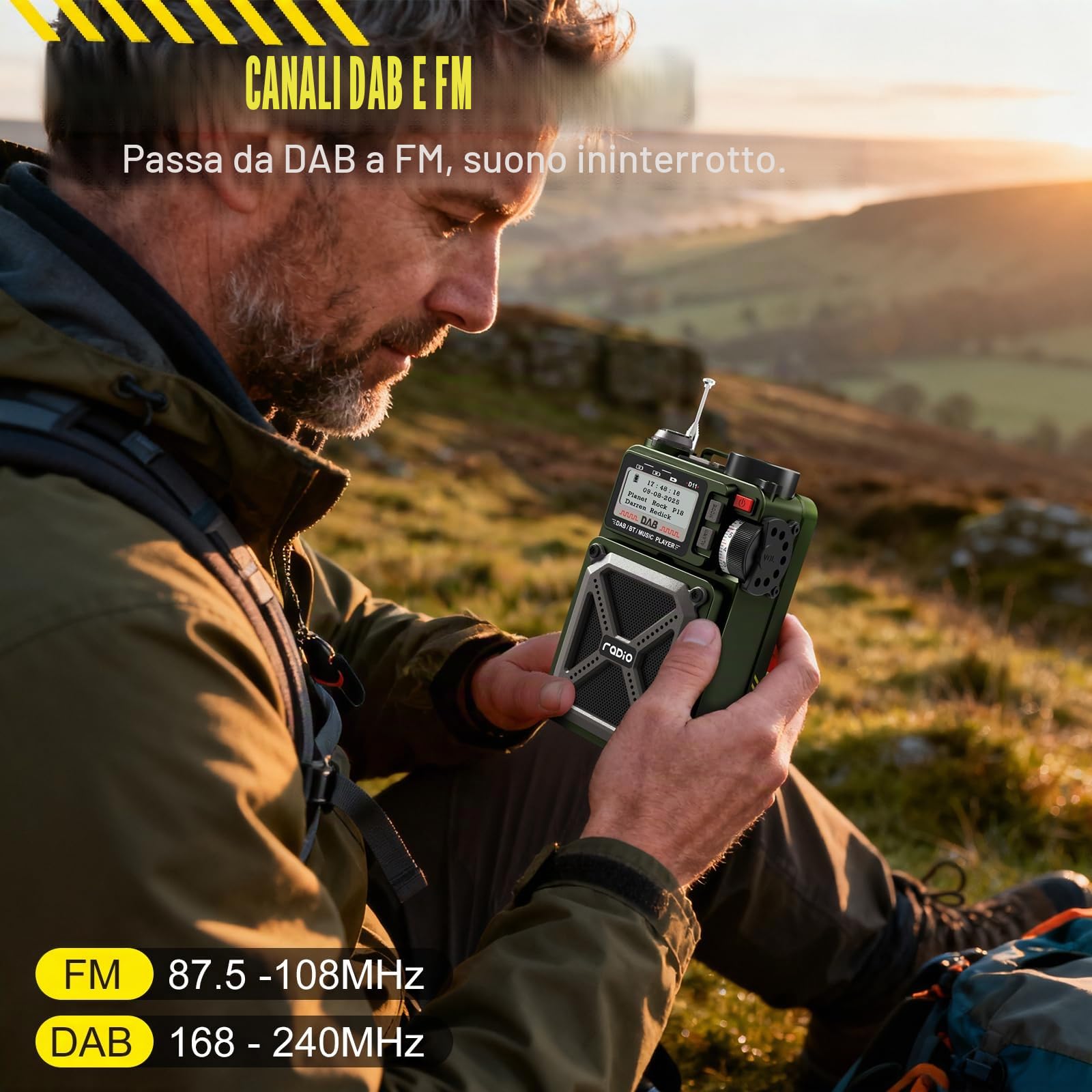 Radio portatile DAB/DAB+ e FM con Bluetooth 5.3, radio solare, radio a manovella ricaricabile con SOS, torcia, jack per auricolari, scheda SD, USB, 4000 mAh di emergenza Wind up Radio