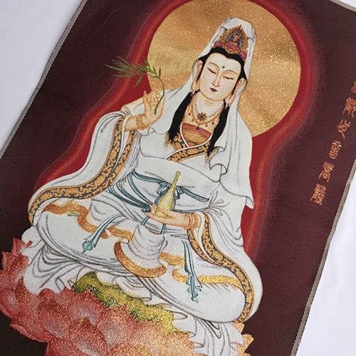 Miniatura 2 de China Budismo paño de seda Avalokiteshvara Guangyin Kwan-yin Thangka Mural colgante de pared para decoración casera tapiz meditación