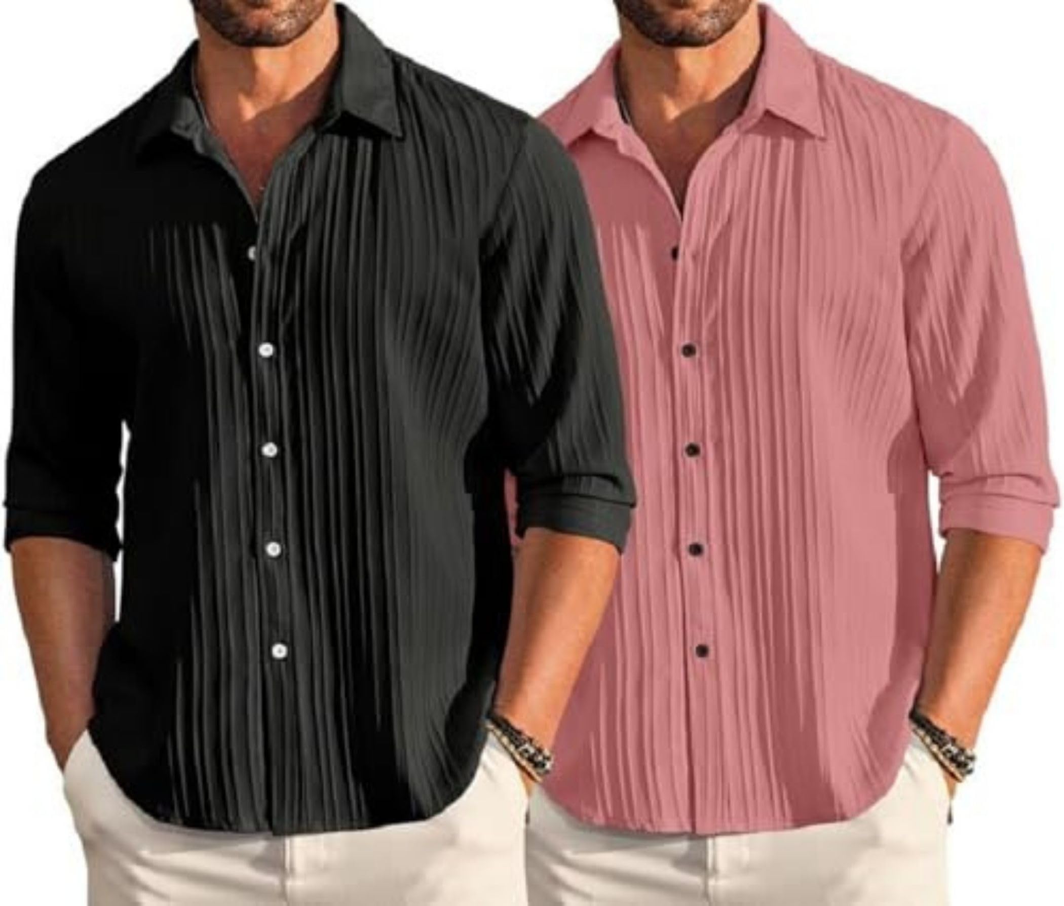 finivo fashion Men's Cotton Blend Shirt Set Lightweight, Full Sleeves, Plain Texture, Button Closure, Summer Ready (Pack of 2)-picture-22