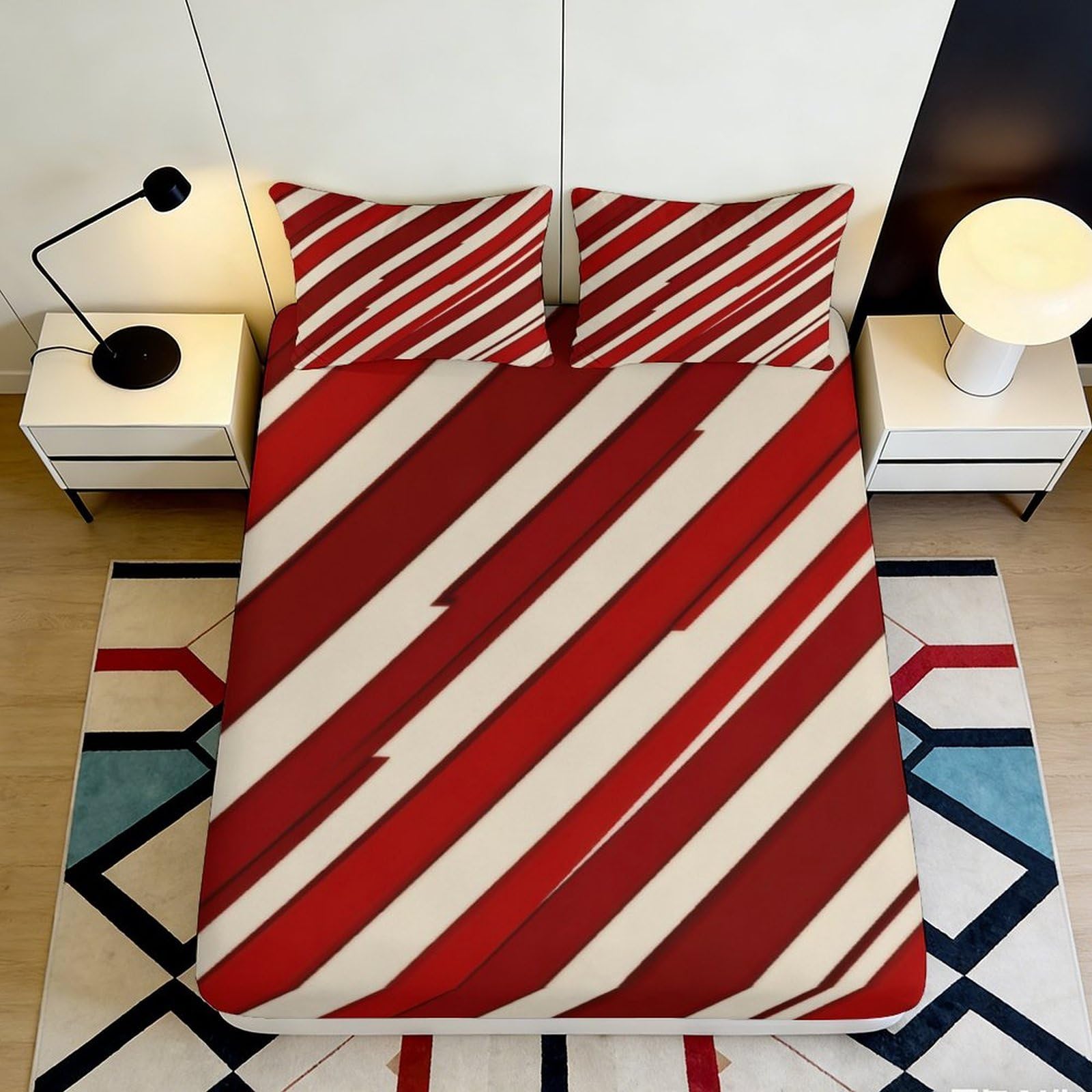 C8q5l1t3 Style-2 3D Printed Red Stripe Fitted Sheet Microfiber Deep Pocket Non-Slip Bedding Red Stripe Mattress Fitted Cover Elastic Hem Washable For Bedroom 200X200x25cm