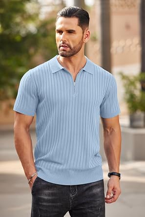 COOFANDY Men's Polos Short Sleeve Zip Knitted Polo Shirts Stretch Golf Vertical Striped Polo T-Shirt