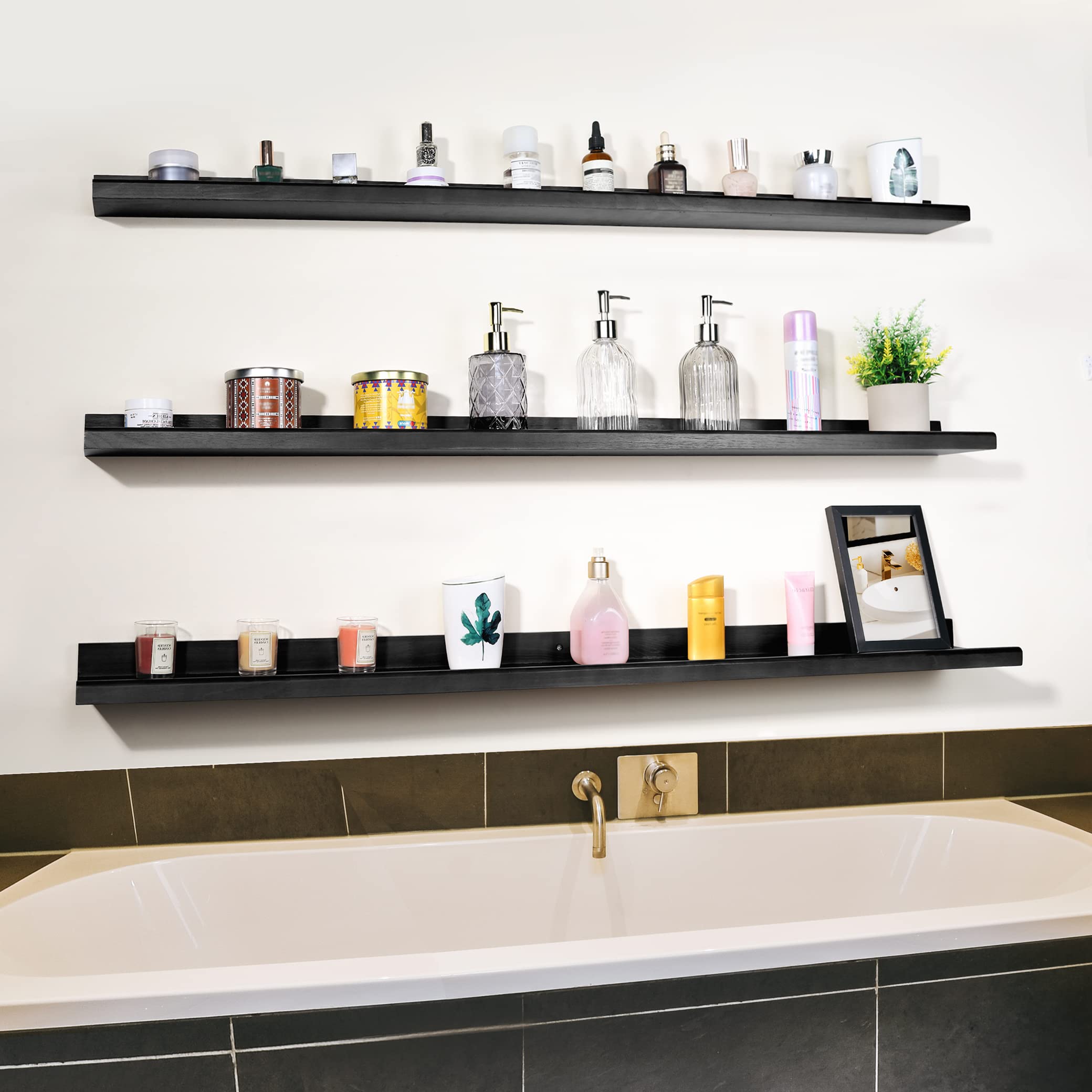 Annecy Floating Shelves Wall Mounted Set of 3, 47 Inch Black Rustic Wood Shelves for Wall, Wall Storage Shelves with Guardrail Design for Bedroom, Bathroom, Kitchen, Office, 3 Different Sizes