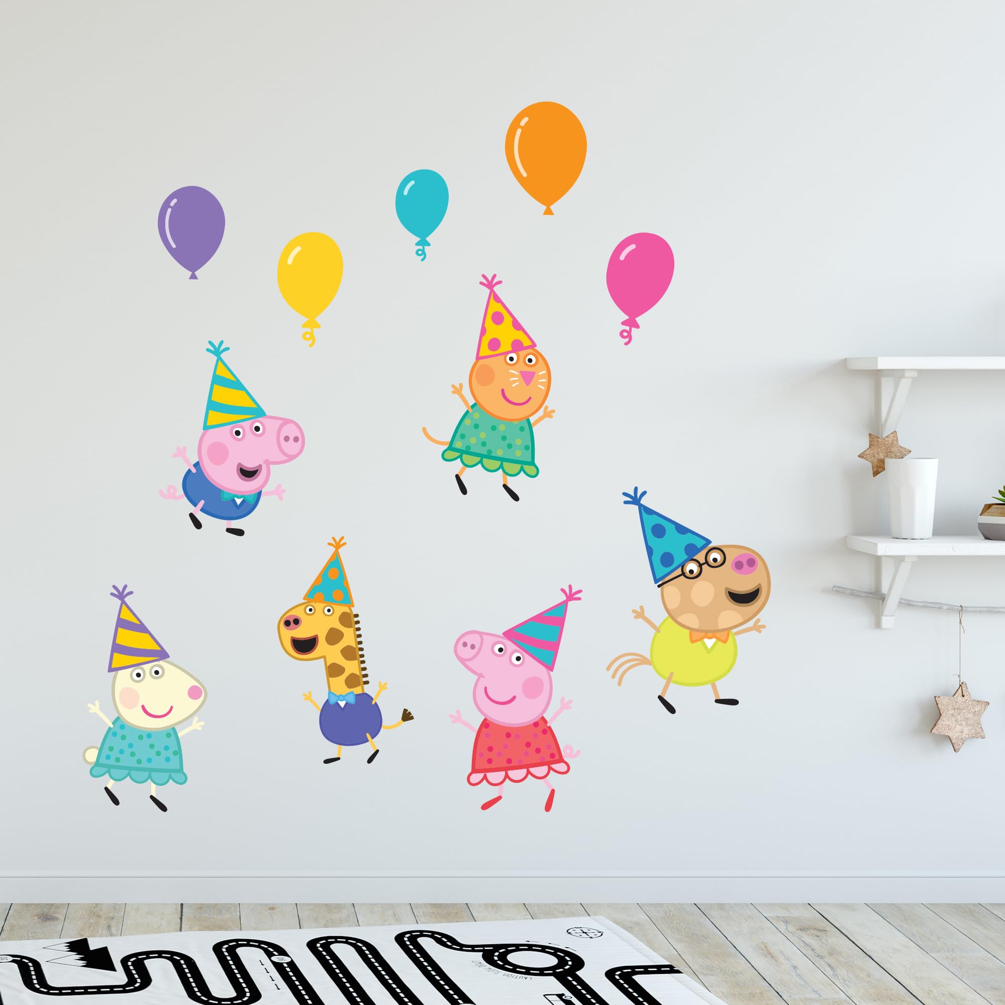 Themed Blue Peppa Pig Wall Sticker - Peppa Pig And Friends With Party Hats Set Wall Decal Kids Art (60Cm Width X 30Cm Height)