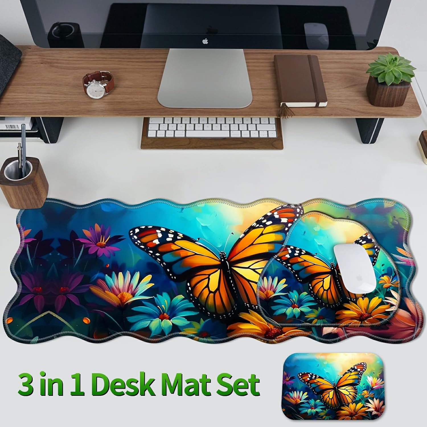 3-Piece Ergonomic Desk Mat & Cloud Wrist Rest Set, Large 31.5" x 11.8" Wave Office Desk Pad with Memory Foam Support Non-Slip Computer Protector for Home, Gaming & Writing, Daisy Butterfly