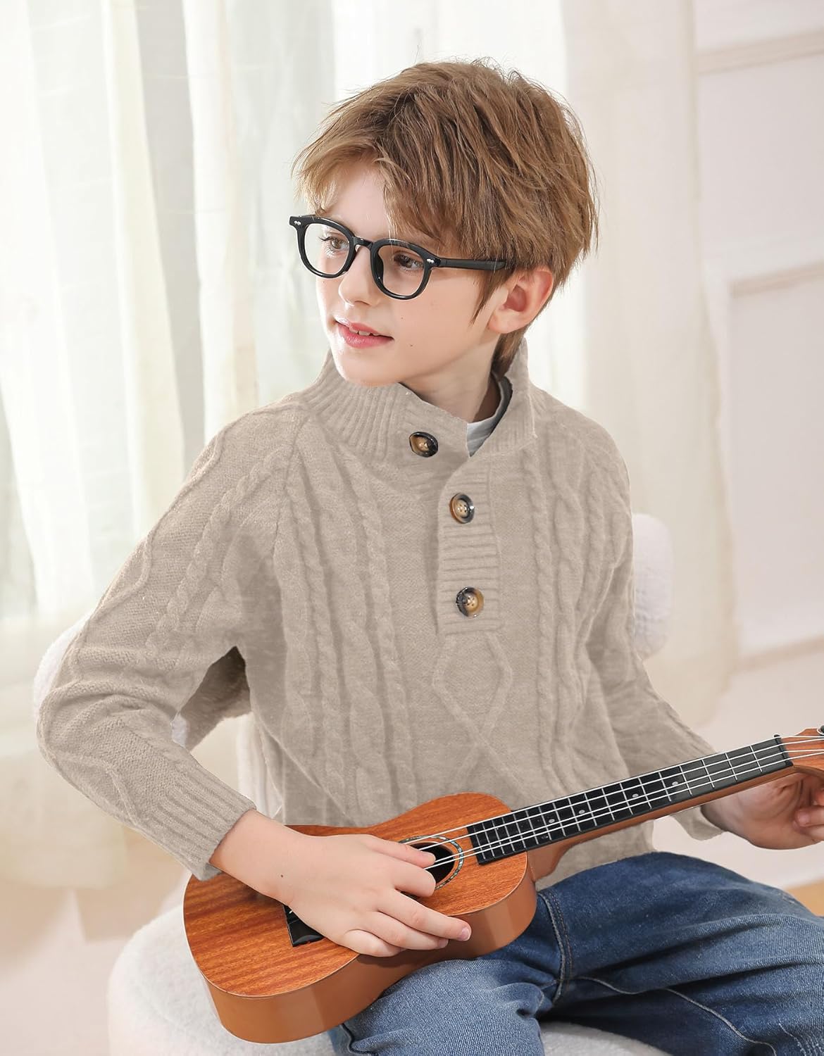 BesserBay Boys Winter Warm Cable Knit Button Down Sweaters Raglan Sleeve Mock Neck Cute Pullover 3-12 Years - Image 5