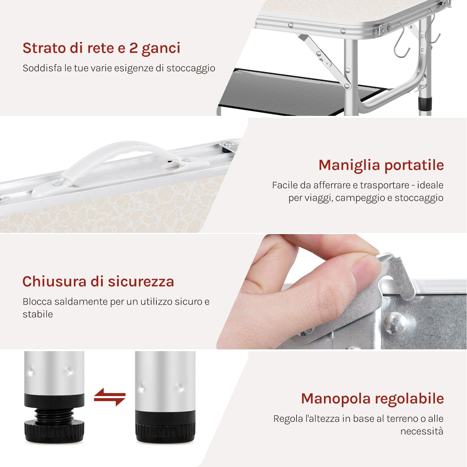WOLTU Tavolino Pieghevole Regolabile in Altezza 25/36/50/60 cm, Tavolo da Esterno con Ripiano in Rete Metallica, Piano in MDF 60x40 cm, Telaio in Metallo, per Campeggio, Barbecue, Giardino,Bianco