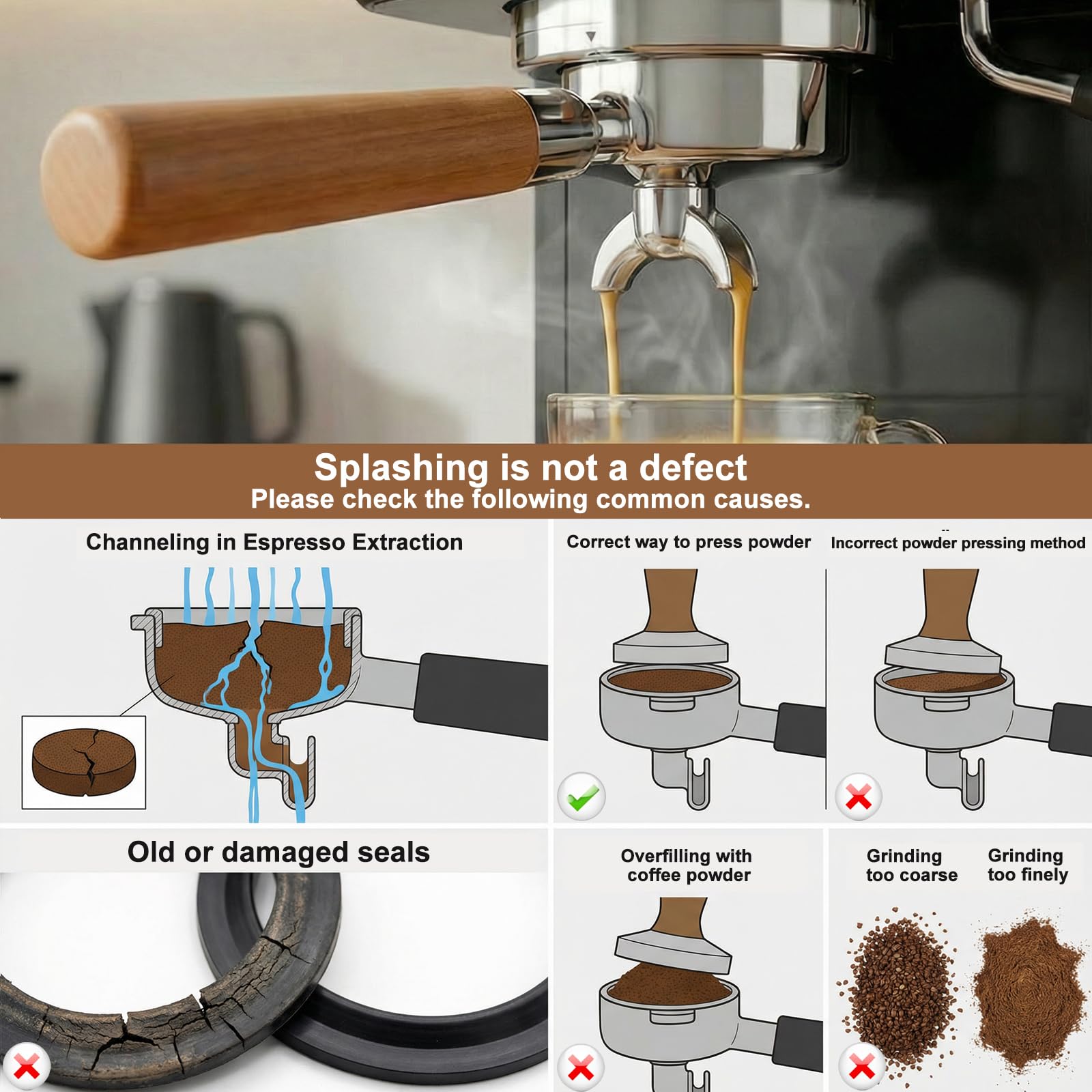 Porte-filtre de 51 mm pour machine à café DeLonghi EM450M, 3 ergots, porte-filtre en acier inoxydable de 4 mm d'épaisseur avec poignée en bois de pour Casabrews CM5418/Cecotec Power Espresso 20
