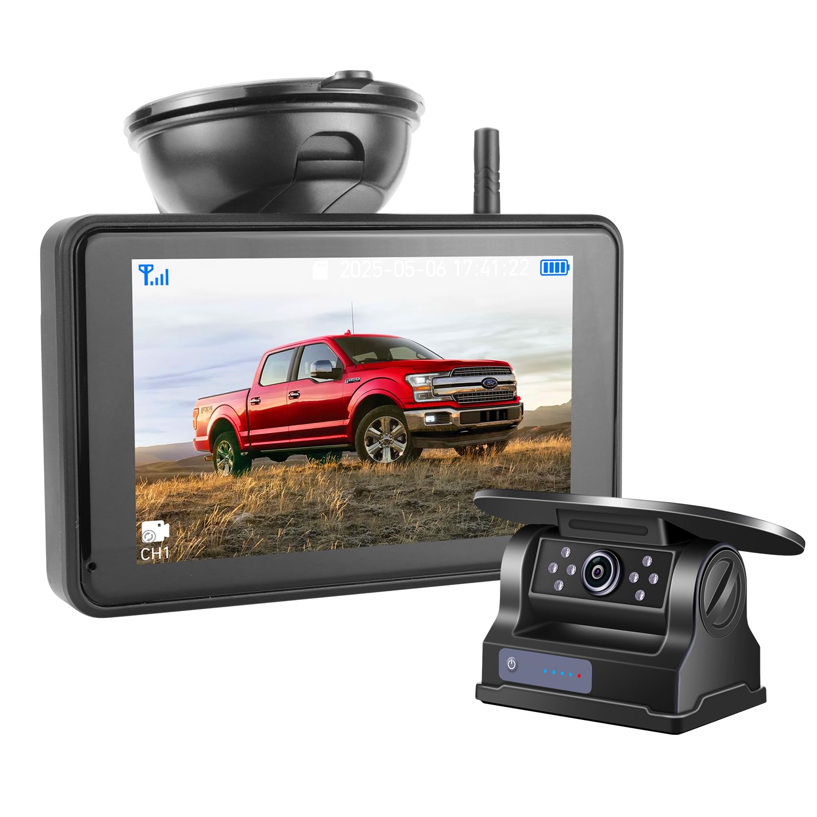 Solar Rückfahrkamera Kabellos mit 5" 1080P Touchscreen Monitor: 9600mAh Akku 1 Mins DIY Installation, IP69K Wasserdicht Rückfahrkameras für Auto, LKW, Van, SUV, Wohnmobil,Anhänger