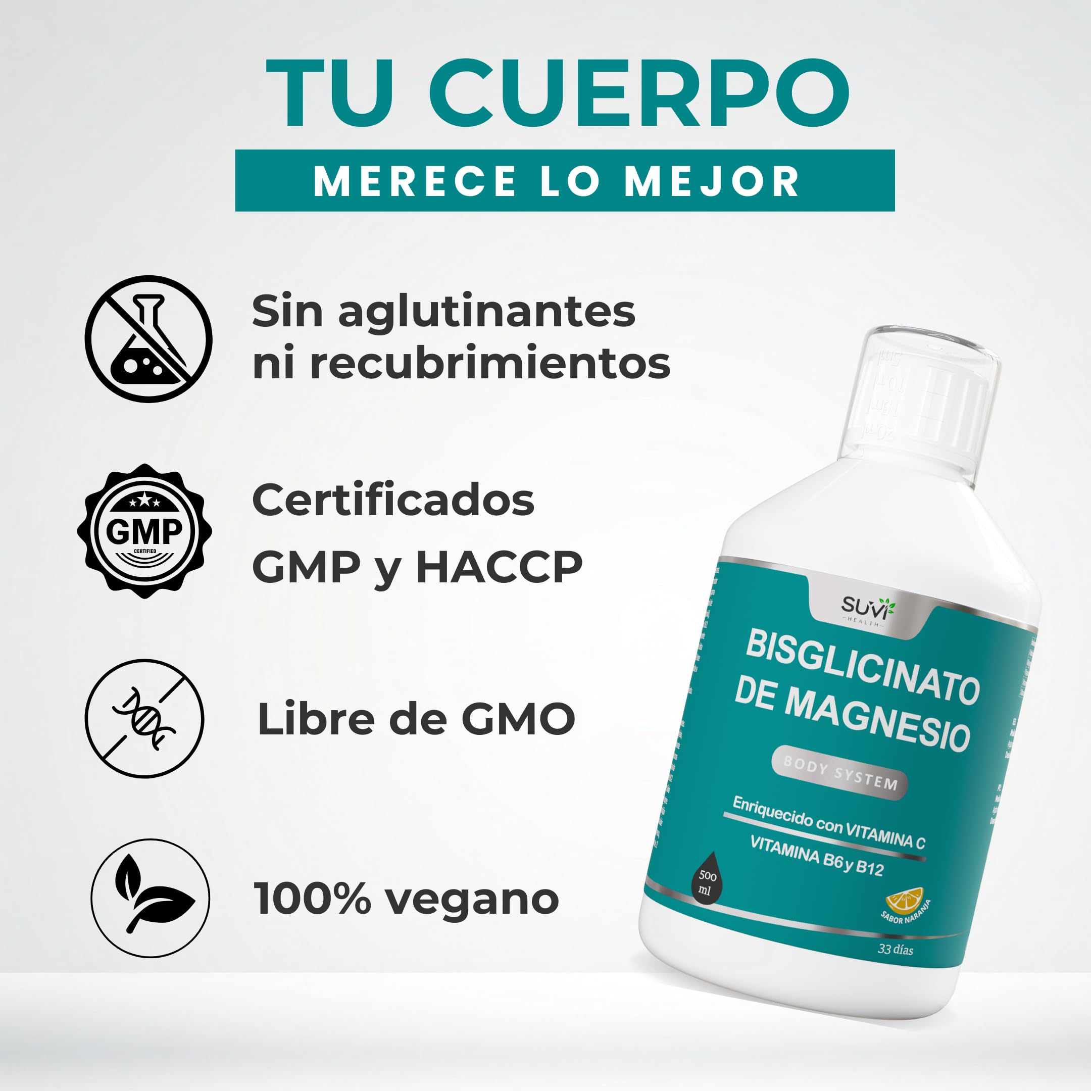 Magnesio Glicinato (Magnesium Glycinate) con Vitamina C, B6 y B12 - Bisciglinato de Magnesio Alta Absorción 100% VRN - Reduce Cansancio, Fortalece Huesos y Sistema Nervioso - 500ml (33 días)